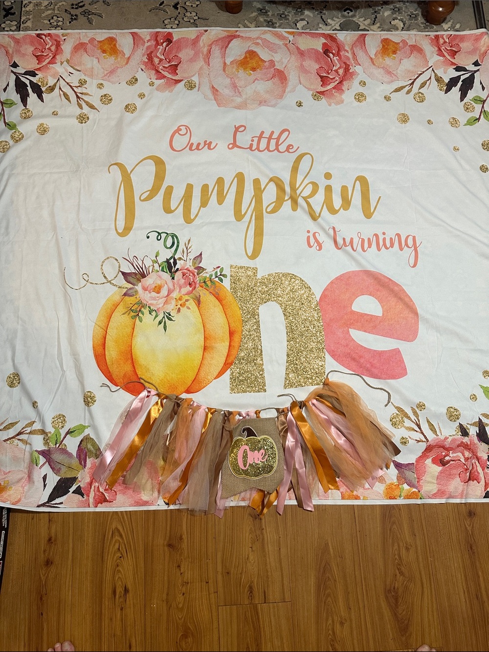 One Little Pumpkin First Birthday Photo Backdrop - Pink Gold Pumpkin Theme